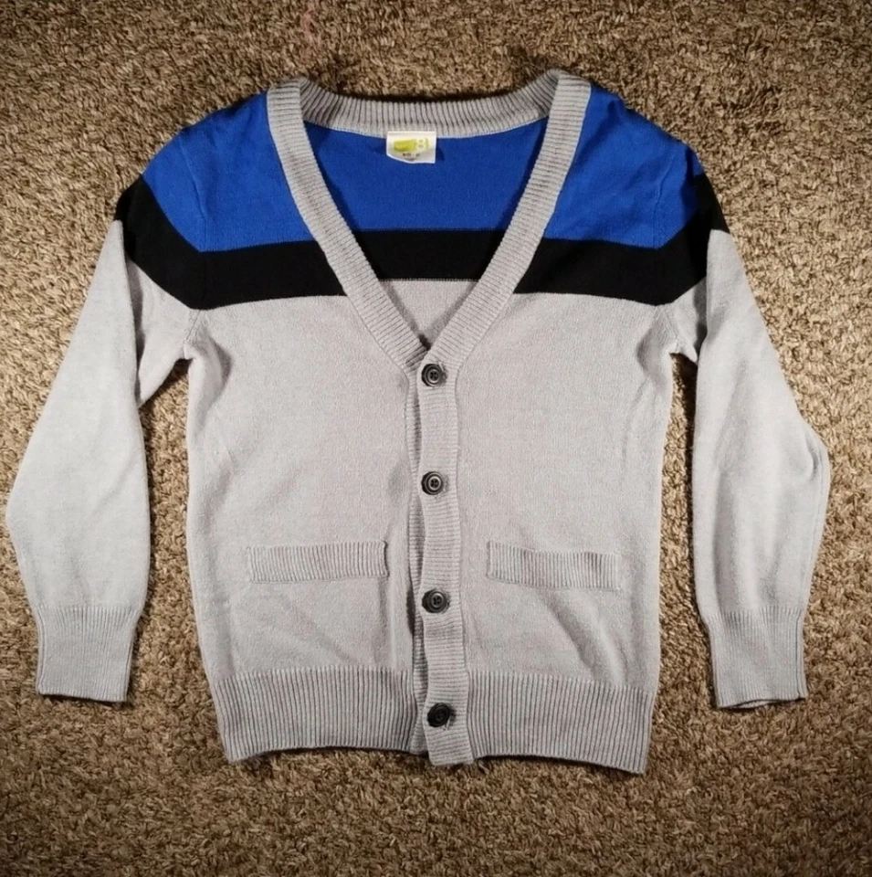 Crazy 8 Boys Striped Color Block Cardigan Sweater Size Small (5/6) Grey Blue - Image 1 of 2
