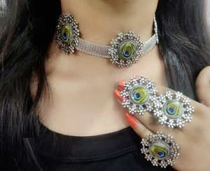 Peacock Necklace Large Stud Earrings Rng Oxidized German Silver Indian Jewelry  - Picture 1 of 2