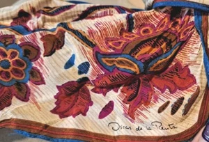 Oscar De La Renta scarf Vintage  Floral 6'x10"  White Brown Orange Blue Mauve  - Picture 1 of 7