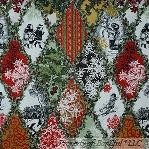 BonEful FABRIC FQ Cotton Quilt VTG Xmas Child Toile Flower Scenic Cottage B&W US - Picture 1 of 7