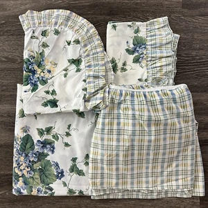 Waverly Sweet Violets Blue Floral Plaid 5 Pc Twin Bedding Set Sheets Skirt Sham - Picture 1 of 19