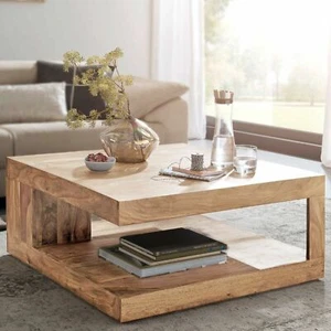 Couchtisch Beistelltisch Wohnzimmertisch Tisch Massivholz Akazie mit Ablage - Bild 1 von 8