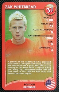 1 x card Top Trumps 2005 Liverpool Football Club Zak Whitbread # 37