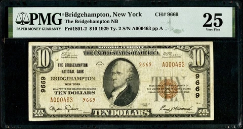 Scarce Type 2 1929 Bridgehampton New York $10 Note PMG VF25 Radar Charter #9669 Cover