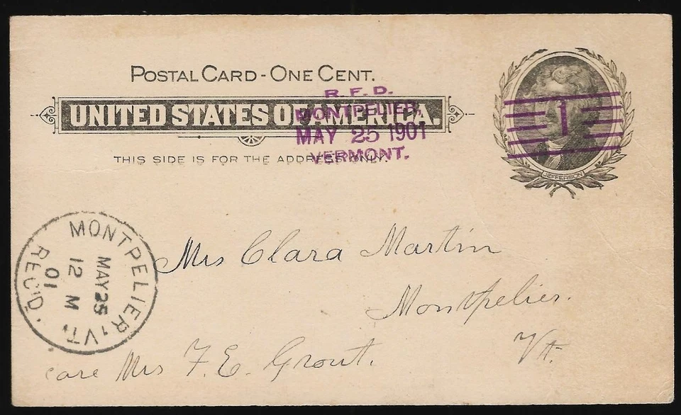 1¢ WONDER'S ~ US 1901 POSTAL CARD MONTPELIER VT SON "1" PURPLE POSTMARK  ~ P309 - Image 1 of 1