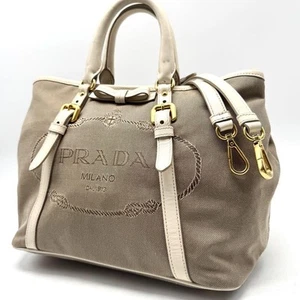 Auténtico bolso de hombro de mano PRADA 2 vías lona cuero beige blanco - Imagen 1 de 24