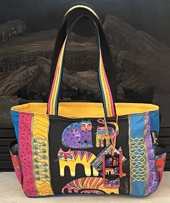 Laurel Burch Feline Clan Canvas Tote Inner Pocket Zip Closure Cat Themed Bag - Image 1 of 4