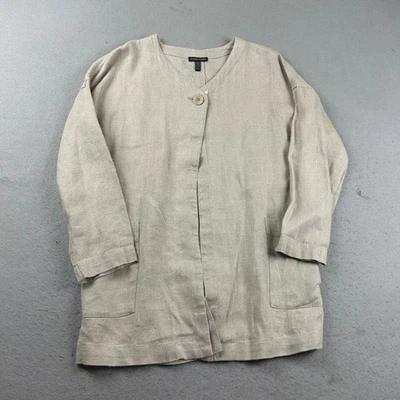 Eileen Fisher Jacket Womens XS Beige 100% Linen Long Sleeves Collarless Coat * - Image 1 of 4