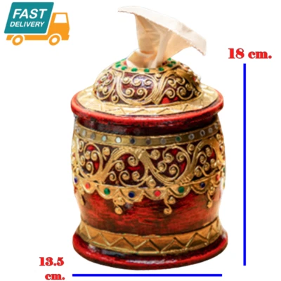 18 cm. Caixa de papel higiênico tecido de madeira design padrão tailandês feito à mão decoração para casa - Imagem 1 de 4