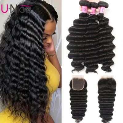 UNice Mongolian Loose Deep Wave 3 Bundles with Lace Closure Human Hair Extension - Image 1 of 4