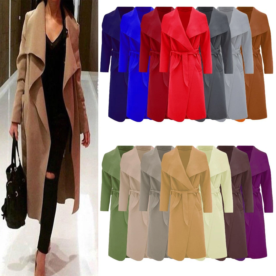 Womens Belted Duster Jacket Drape Long Coat Ladies Waterfall Italian Trench - Image 1 of 1