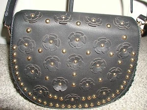 Under One Sky Black Purse Gold Studs and Flowers Crossbody Wip Stitch, New  - Picture 1 of 6