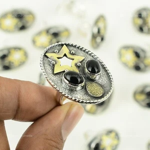Natural Black Onyx Star 18K Gold Plated Boho Solitaire Ring 925 Sterling Silver - Picture 1 of 11
