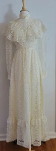 Vintage 1970s Ivory Wedding Prom Dress Sz 9/10 Lace High Neck Prairie Boho Farm - Picture 1 of 14