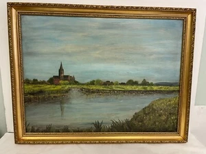 ENA Artist Signed Oil Painting On Masonite Church Country River Framed 27x21" - Picture 1 of 9