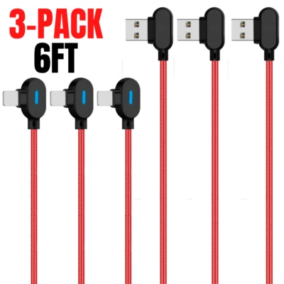 3Pack Braided 90 Degree USB Charger Cable 6Ft Cord For iPhone 11 12 13 14 Pro XR - Image 1 of 4
