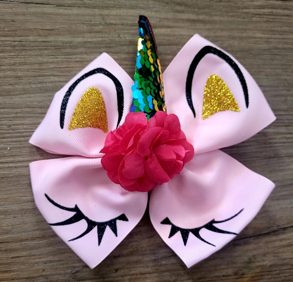 UNICORN HAIRBOW, Pink, Large, 7 Inches with Alligator Clip - Image 1 of 1