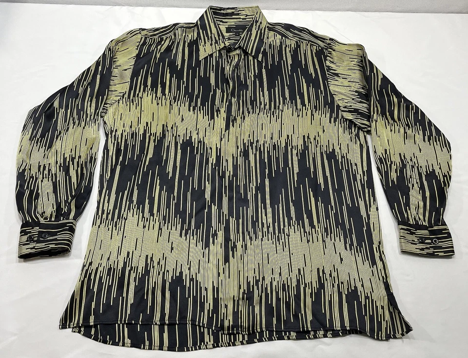 Camisa Genelli Hombre Manga Larga 100% Seda Grande Negro y Dorado Diseño Geométrico Foto 1 de 4