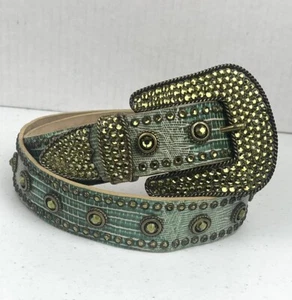 LEATHEROCK Belt Size L36 Leather Green Embellished Peridot Gems Studded #821 USA - Picture 1 of 10