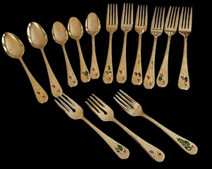 Set 14 Stück goldgetöntes Weihnachtsbesteck Stechpalme siehe Bilder Japan - Bild 1 von 22