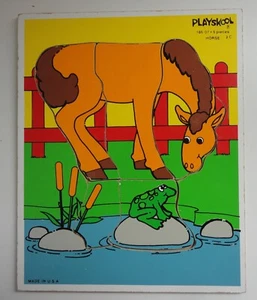 Vintage 1985 Playskool HORSE w/ Frog Children's Playskool Wooden Jigsaw Puzzle - Picture 1 of 1