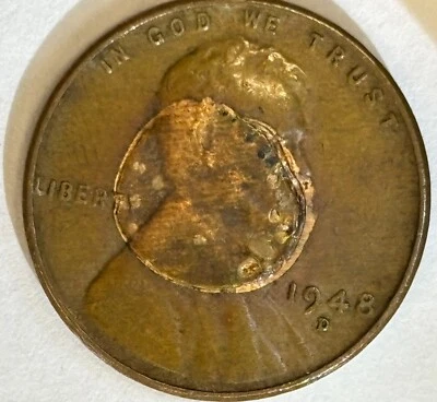 1948-D  Wheat Penny Cent Mint Error-Possible Struck Through Or Lamination Error - Image 1 of 4
