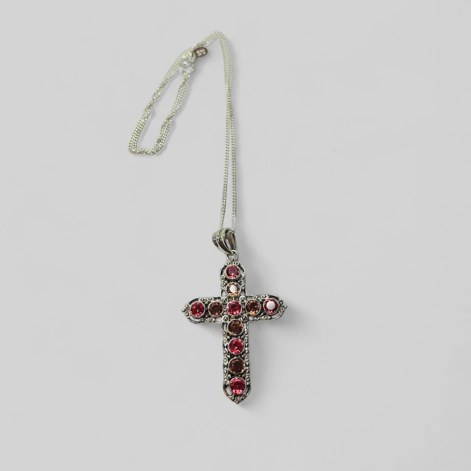 Nicky Butler Sterling 925 Silver Watermelon Sunset Quartz Cross Necklace 18 in - Image 1 of 4