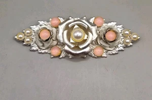 Vintage signierte Spingarn New York silberfarbene rosa Blumen Design Brosche Anstecknadel RAR - Bild 1 von 14