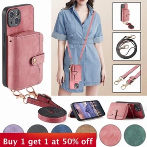 Zipper Leather Wallet Case For iPhone 16 15 Pro Max 14 13 12 11 XR X w/Lanyard - Picture 1 of 12