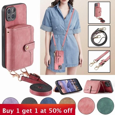 Zipper Leather Wallet Case For iPhone 16 15 Pro Max 14 13 12 11 XR X w/Lanyard - Image 1 of 4