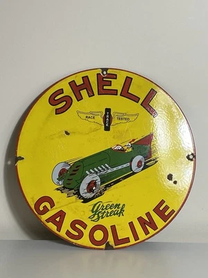 Vintage Enamel Shell Gasoline Green Streak Round Sign - Image 1 of 4