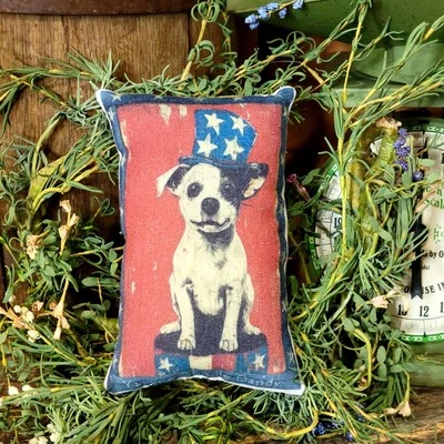 Primitive Farmhouse Patriotic July 4th Folk art dog decorative tuck pillow - Image 1 of 2