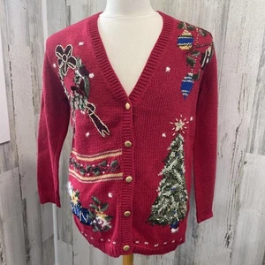 Vintage 90s Petite Christmas Sophisticate Red Embellished Sweater, size Small - Picture 1 of 15