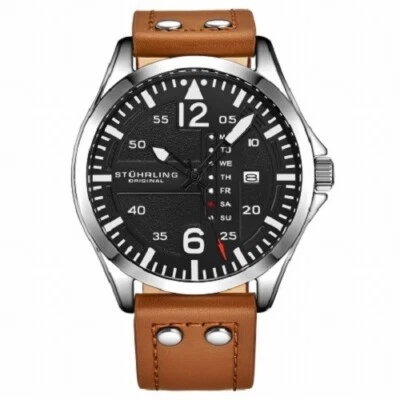 Stührling Aviator 44mm Stainless Steel Case, Genuine Brown Leather Strap, Men's Foto 1 de 3