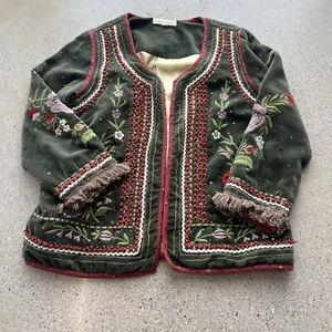 Ruby Yaya Dark Green Velvet 3/4 Sleeve Floral Embroidered Lined Jacket Small - Picture 1 of 5
