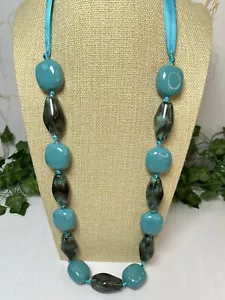Long Chunky Turquoise Ceramic & Acrylic Bead Ribbon Necklace 1283 - Picture 1 of 13