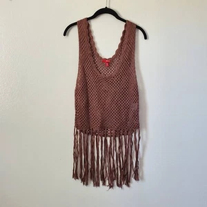 Bongo Fringe Sweater Women's XL Brown Sleeveless Open Crochet Hippie Boho - Picture 1 of 6