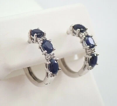 2 Ct Oval Cut Blue Sapphire & Diamond Huggie Hoop Earrings 14k White Gold Finish - Image 1 of 3