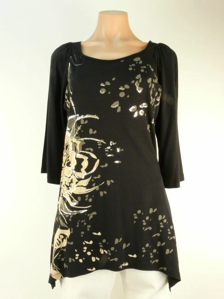Black Jersey Tunic with Beige Flower and Silver Accents by Katina Small - Image 1 of 1