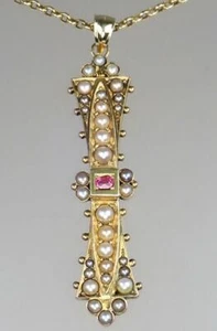 Fine Antique Victorian Etruscan 15K Gold Pink Topaz Pearl Belcher Chain Necklace - Picture 1 of 12