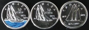 3 pièces de 10 cent 2021 100 ans bluenose goélette CANADA UNC couleurs DIME - Imagen 1 de 2