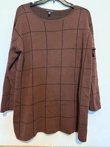 Eileen Fisher Brownstone Windowpane Merino Wool Bateau Neck Box Top Sweater M - Picture 1 of 5