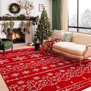 Christmas Area Rug 8x10 Red Washable Living Room Rug Xmas Snowflake Holiday D... - Picture 1 of 9