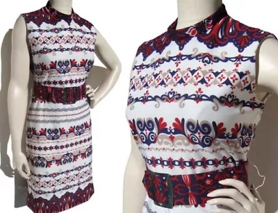 Vintage 1960's Leslie Fay Knits Red Ivory Blue Beige Mod Sheath Dress w/Belt S - Image 1 of 4