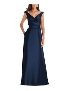 ALFRED SUNG Womens Navy Lined Cap Sleeve Full-Length Evening Gown Dress 0 - Picture 1 of 11