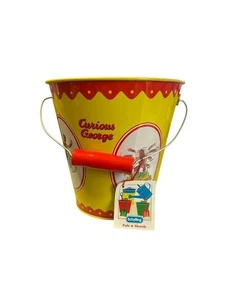 Curious George Yellow Metal Bucket With Wooden Handle & Monkey Illustrations For - Picture 1 of 3