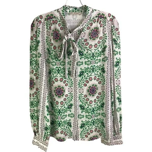 Blusa de seda Tory Burch Kia Wns talla 0 blanca floral con botones cuello atado años 60 California - Imagen 1 de 8