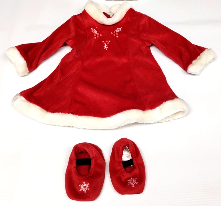 6/9 meses Niñas Rojo Terciopelo/Terciopelo Bordado Navidad Vestido Sombrero y Zapatos ~ Piel Sintética Foto 1 de 4