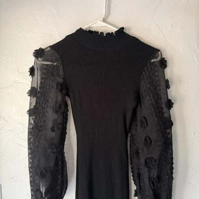 Vestido ceñido al cuerpo acanalado negro casi famoso malla floral transparente manga globo fiesta Foto 1 de 4