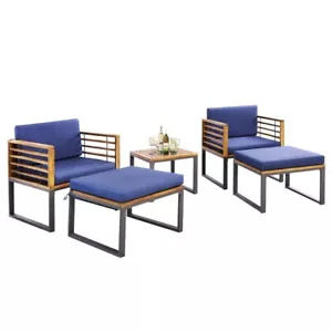 5PCS Patio Outdoor Furniture Acacia Wood Chair Set w/Ottomans and Coffee Table - Picture 1 of 11